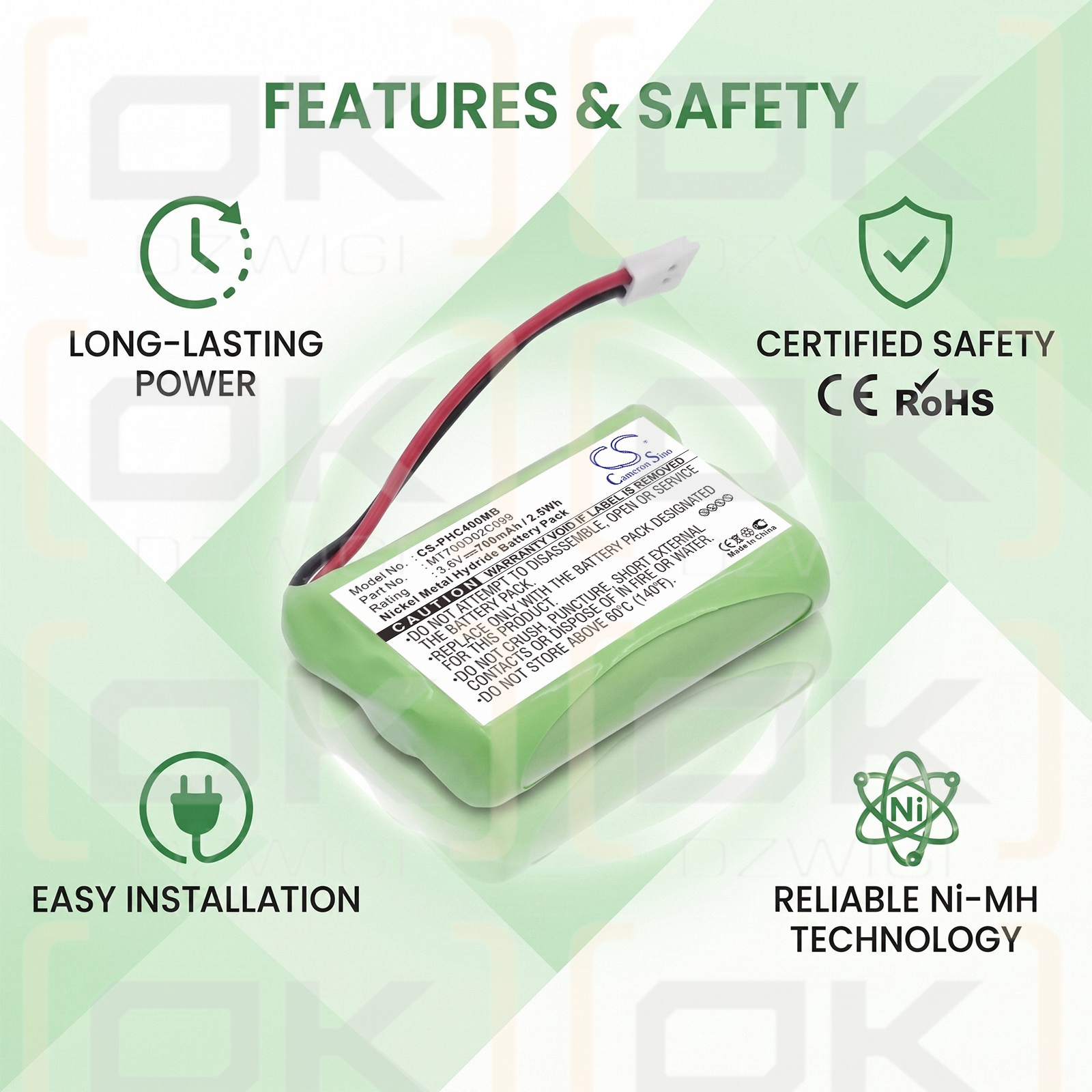 Replacement Battery for Philips SBC-EB3655 / MT700D02C099 700mAh Ni-MH 3.6V (Cameron Sino)
