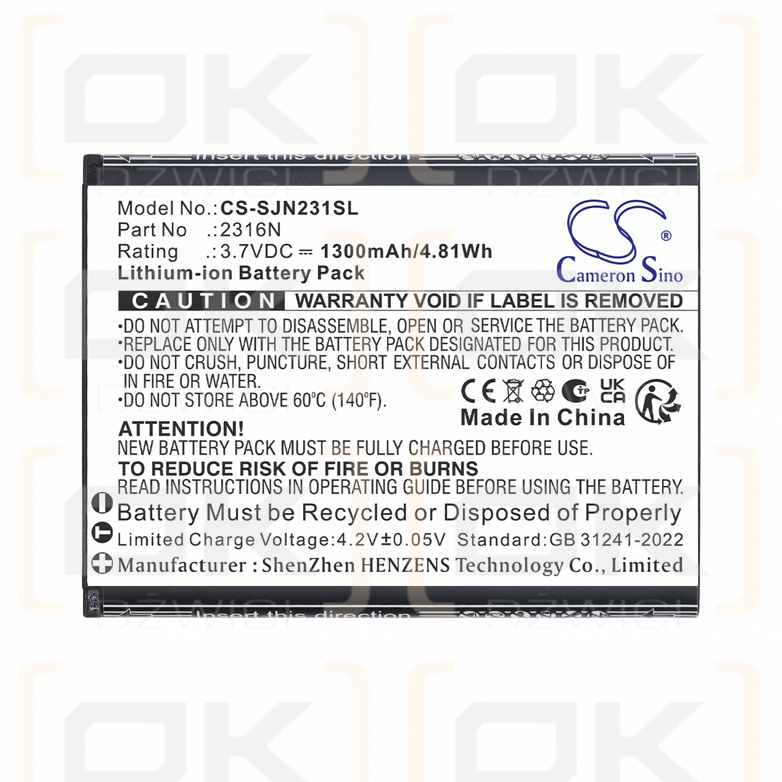 Replacement Battery for SPC Jasper 2327N / 2316N 1300mAh Li-ion 3.7V (Cameron Sino)