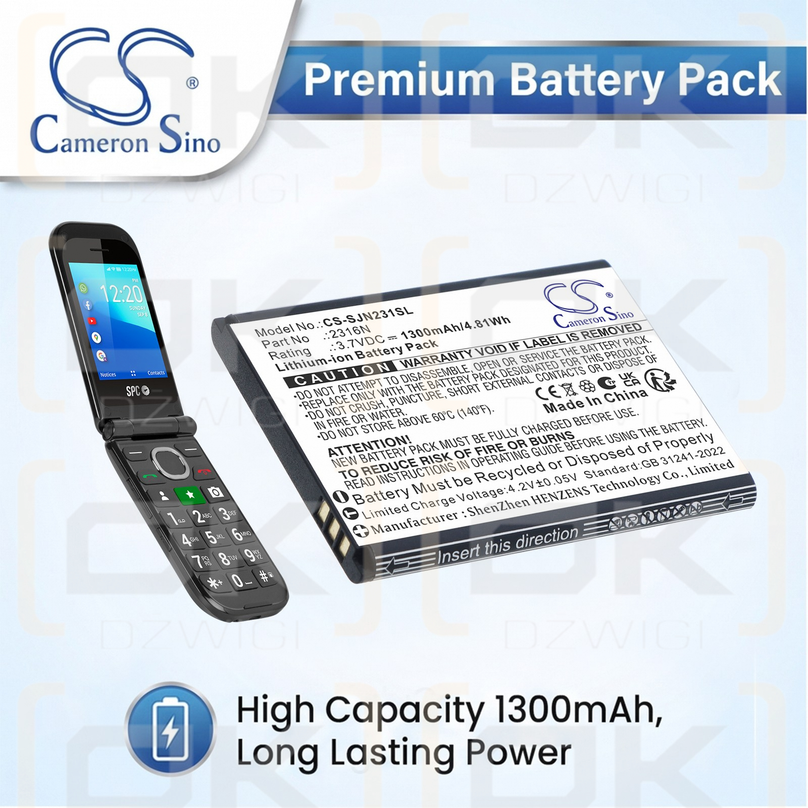 Replacement Battery for SPC Jasper 2327N / 2316N 1300mAh Li-ion 3.7V (Cameron Sino)