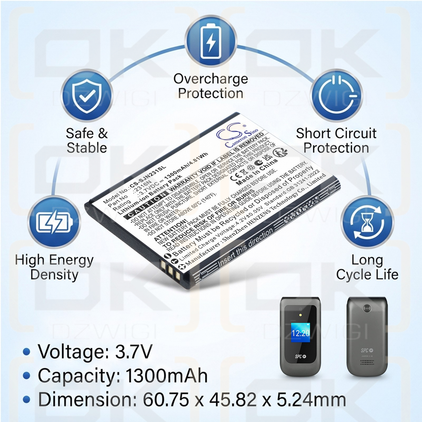 Replacement Battery for SPC Jasper 2327N / 2316N 1300mAh Li-ion 3.7V (Cameron Sino)
