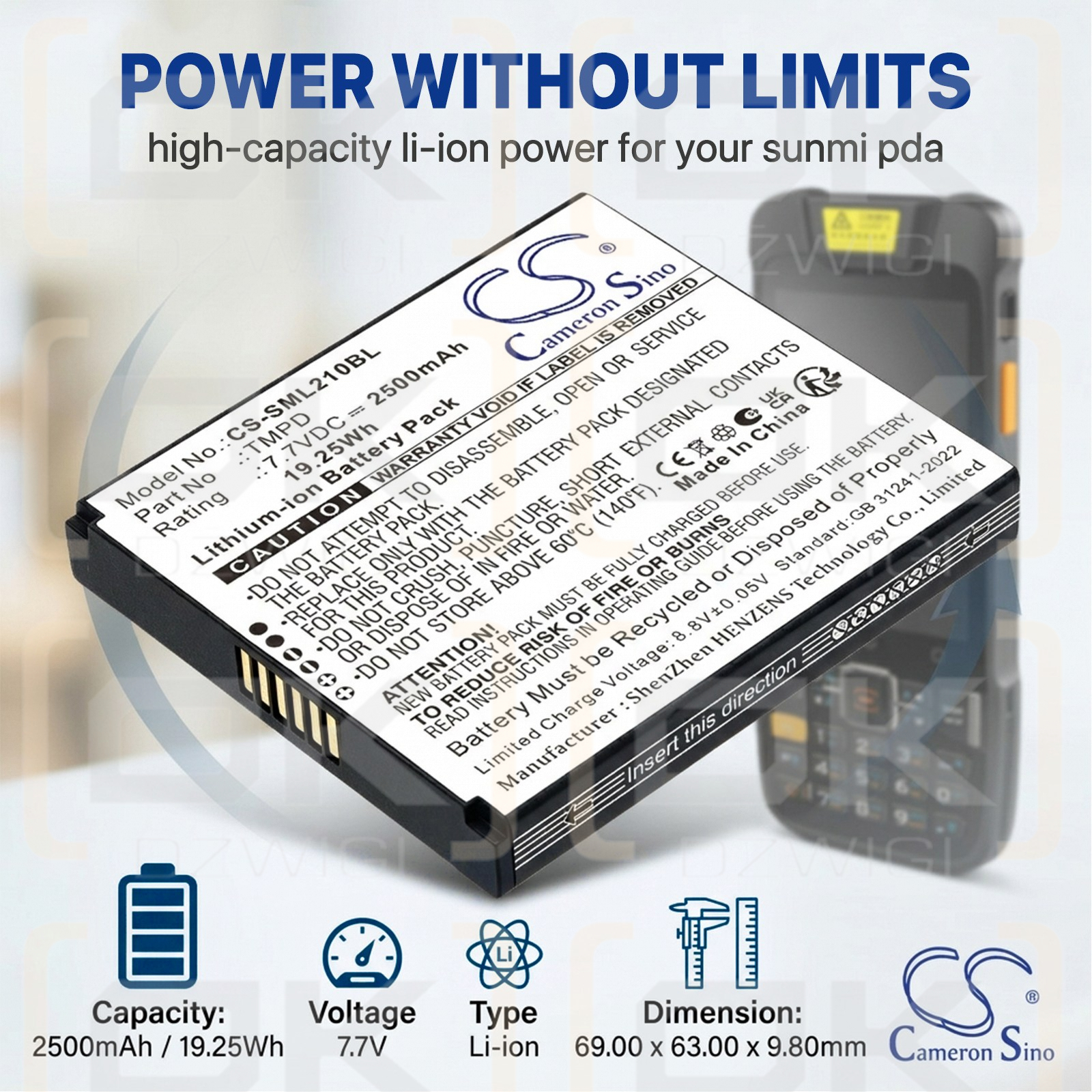 Bateria zamienna do Sunmi  T8A10 / TMPD 2500 mAh Li-ion 7.7 V (Cameron Sino)