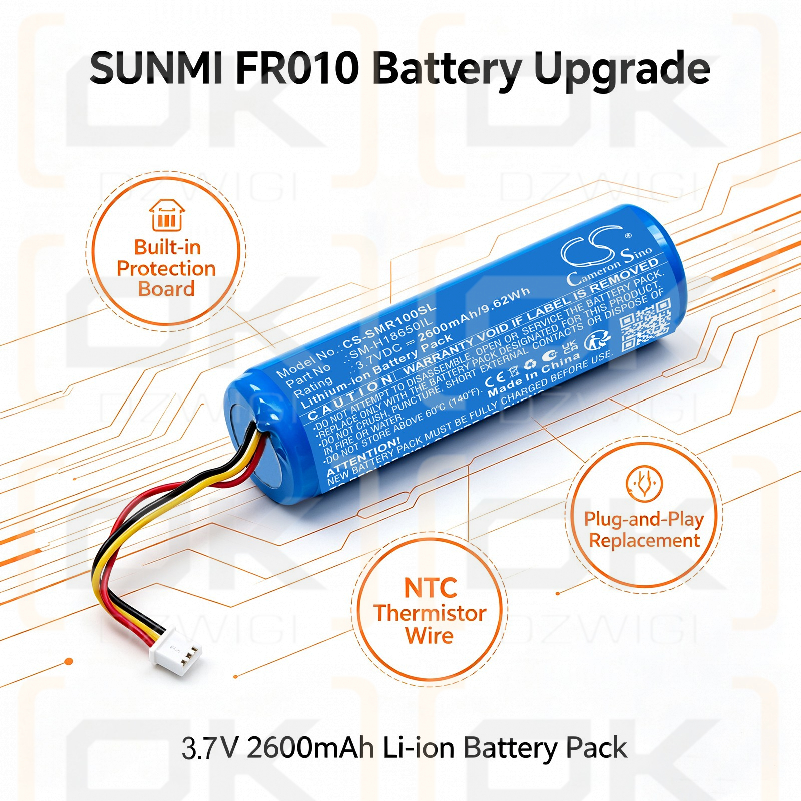 Batería de repuesto para la caja registradora financiera Sunmi FR010 / SM-H18650IL 2600 mAh Li-ion 3.7 V (Cameron Sino)