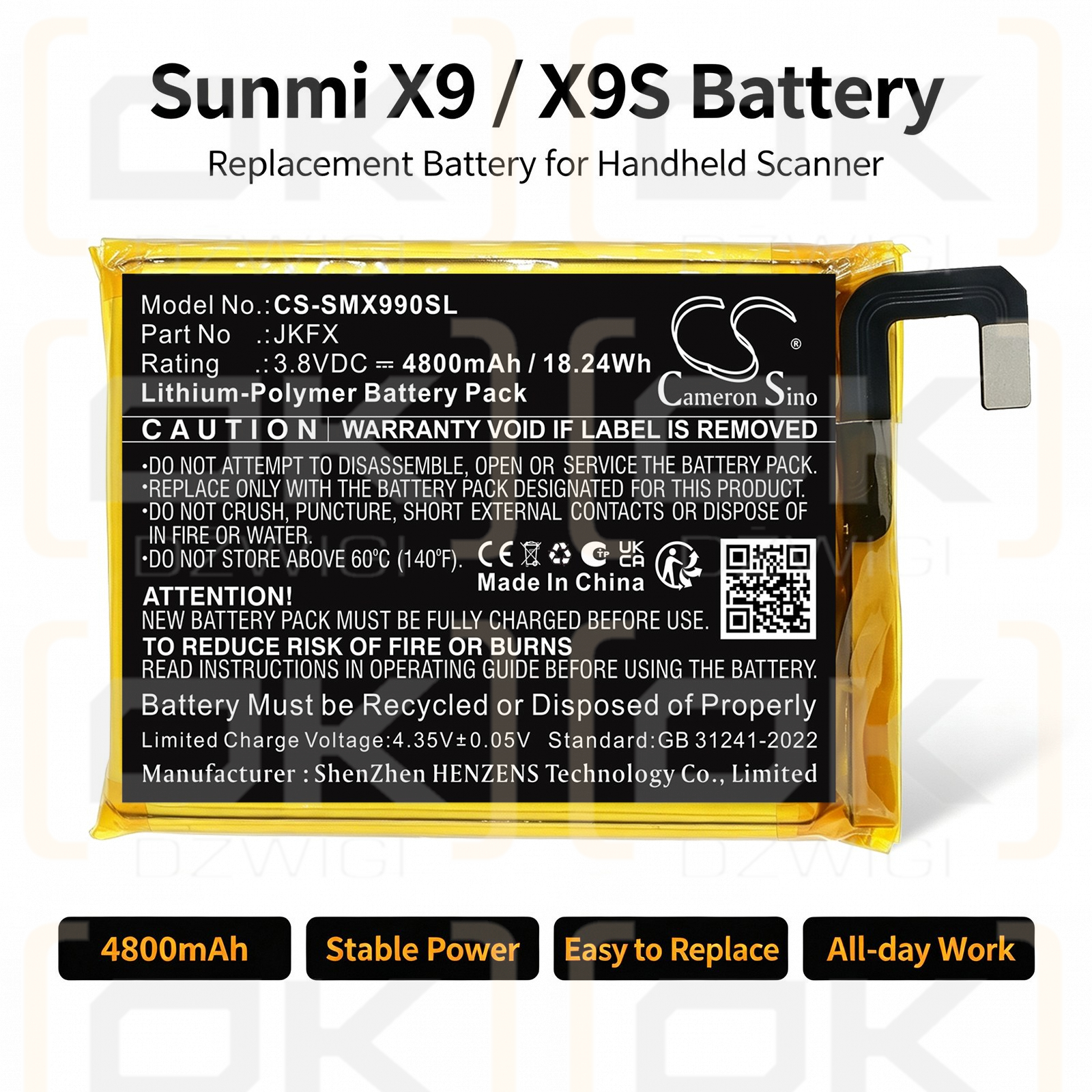 Сменный аккумулятор для Sunmi X9s / JKFX 4800 мАч Li-Polymer 3,8 В (Cameron Sino)