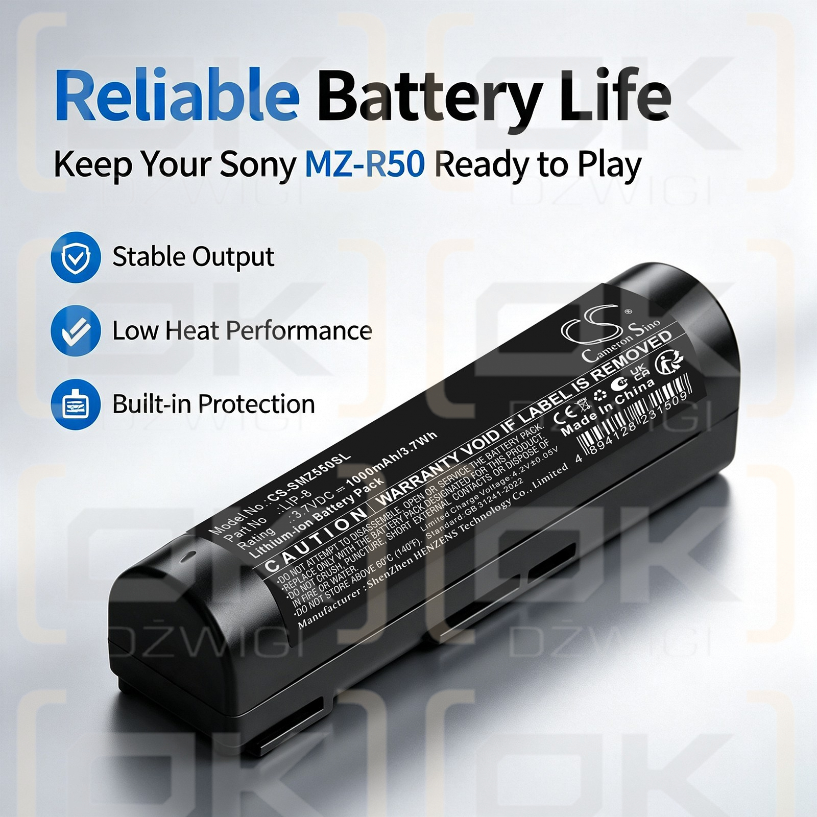 Batería de repuesto para Sony MZ-R5ST / LIP-8, 1000 mAh, iones de litio, 3,7 V (Cameron Sino)