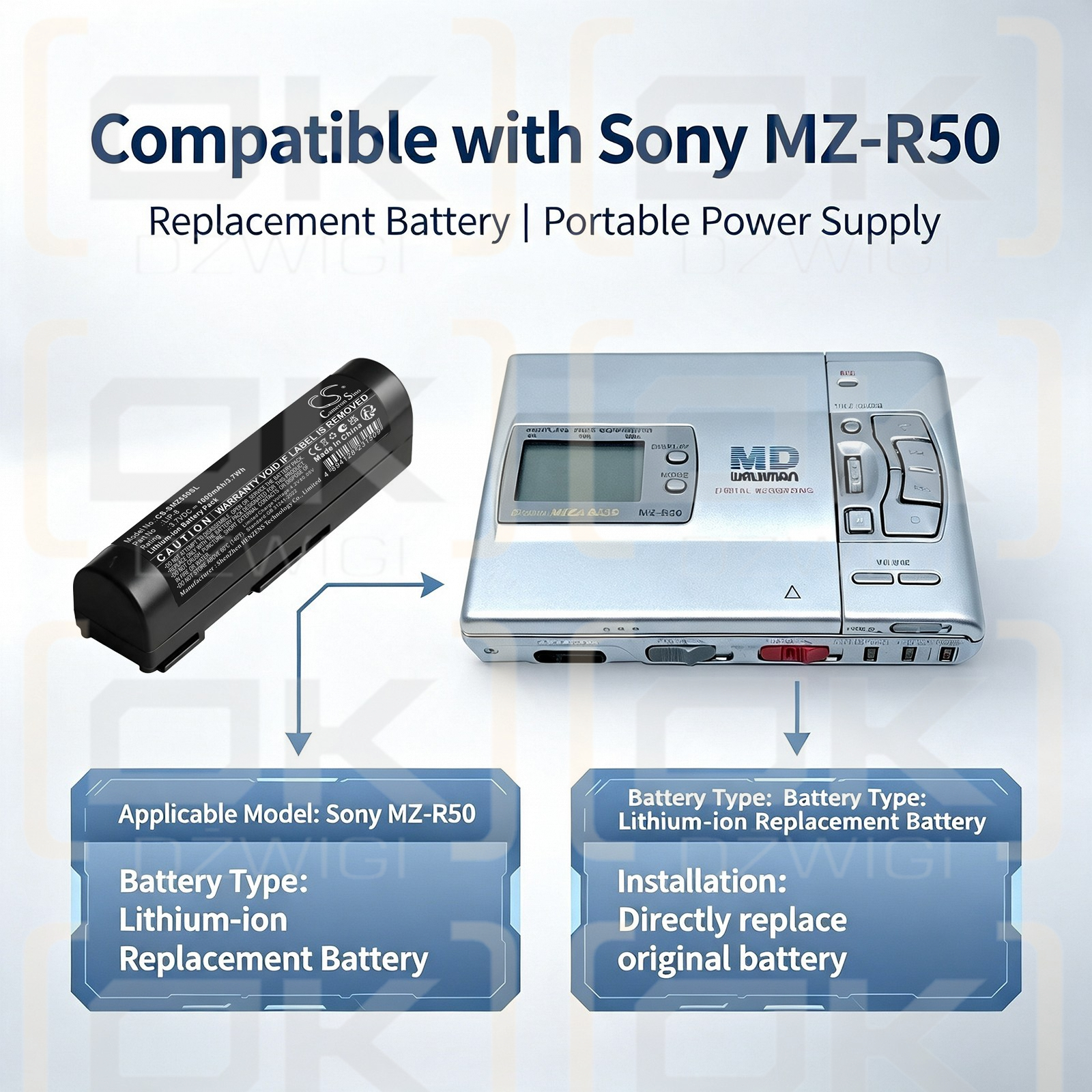 Batería de repuesto para Sony MZ-R5ST / LIP-8, 1000 mAh, iones de litio, 3,7 V (Cameron Sino)