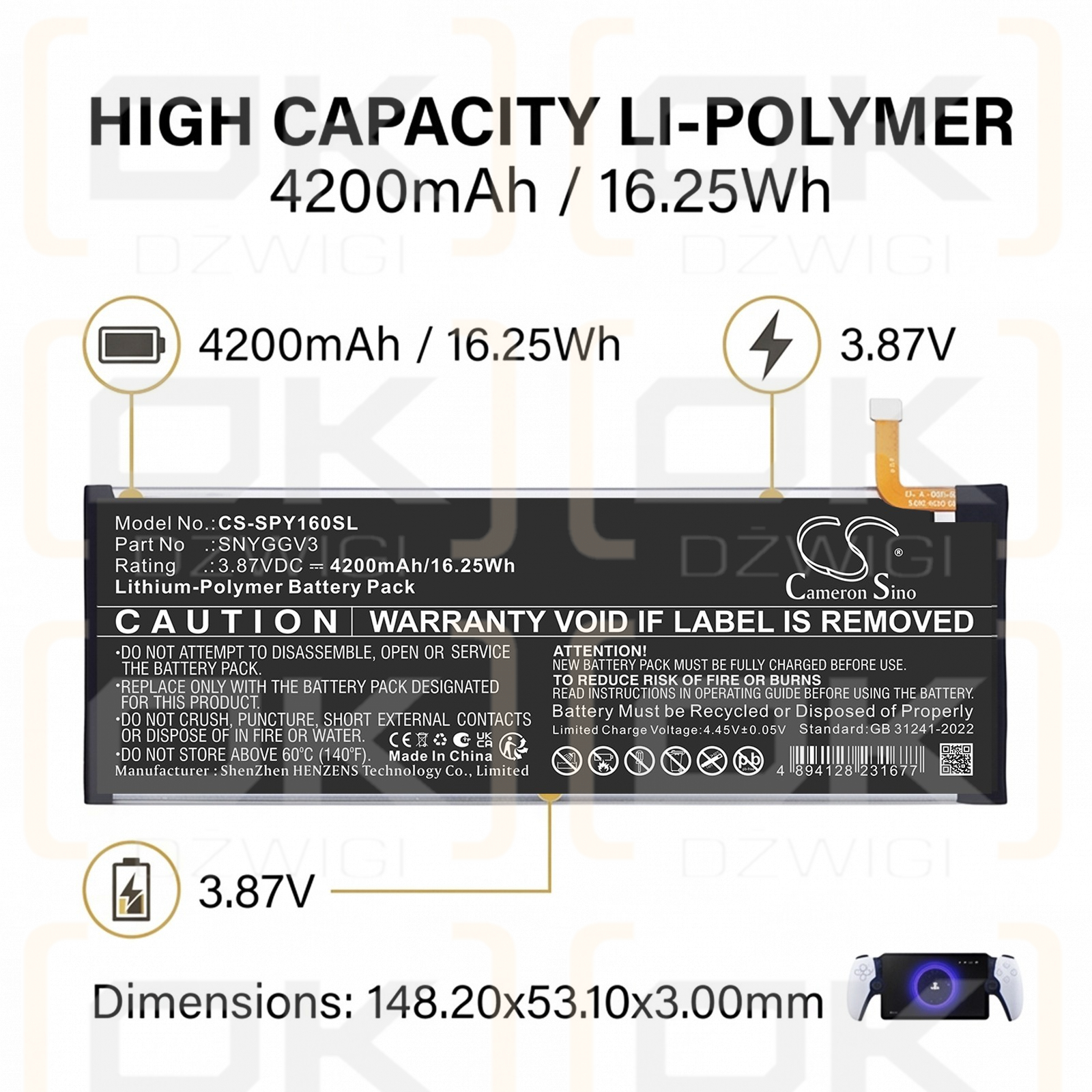 Batería de repuesto para Sony CFI-Y1016 / SNYGGV3, 4200 mAh, polímero de litio, 3,87 V (Cameron Sino)