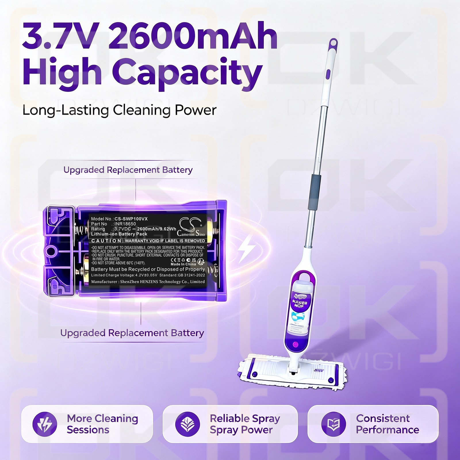 Batería de repuesto para mopa Swiffer WetJet / INR18650 2600 mAh Li-ion 3.7 V (Cameron Sino)