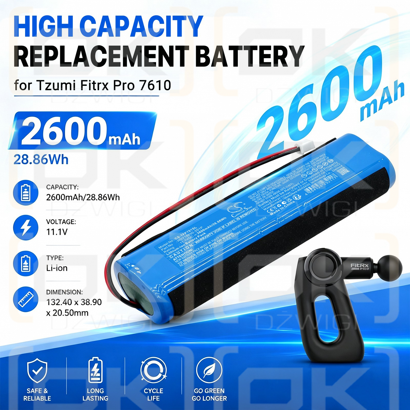 Ersatzakku für Tzumi Fitrx Pro 7610 / HDY18650-3S1P 2600mAh Li-Ion 11,1V (Cameron Sino)
