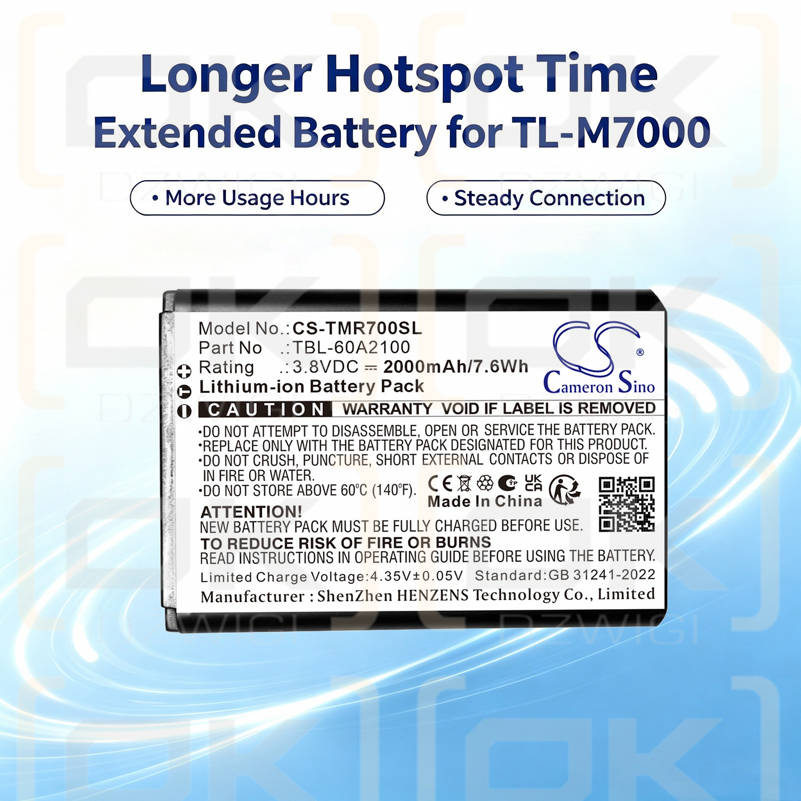 Replacement Battery for TP-Link TL-M7200 / TBL-60A2100 2000 mAh Li-ion 3.8 V (Cameron Sino)