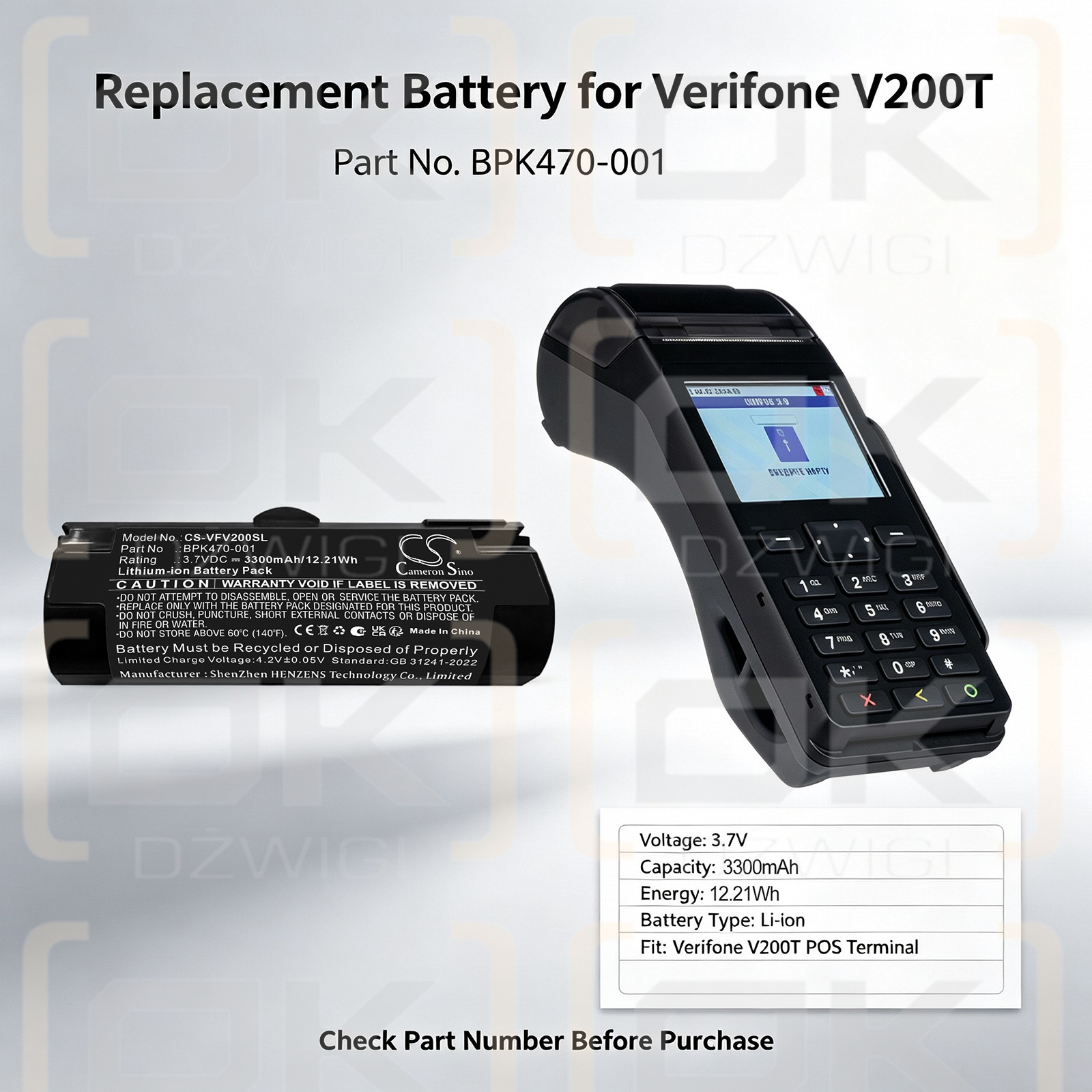 Batería de repuesto para Verifone V200T / BPK470-001, 3300 mAh, iones de litio, 3,7 V (Cameron Sino)
