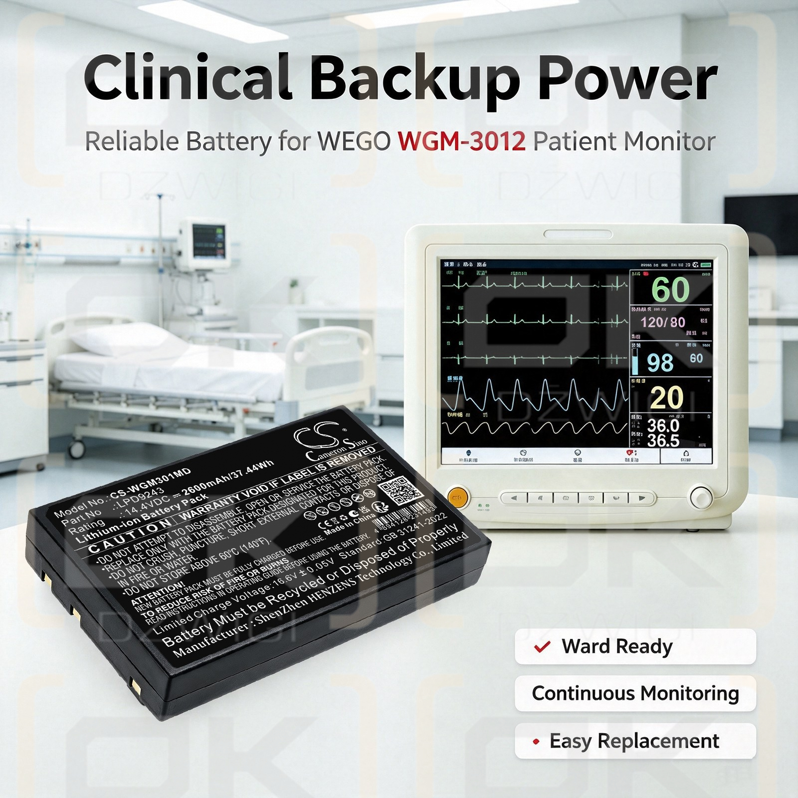 Сменный аккумулятор для WEGO WGF-08E / LPD9243 2600 мАч Li-ion 14,4 В (Cameron Sino)