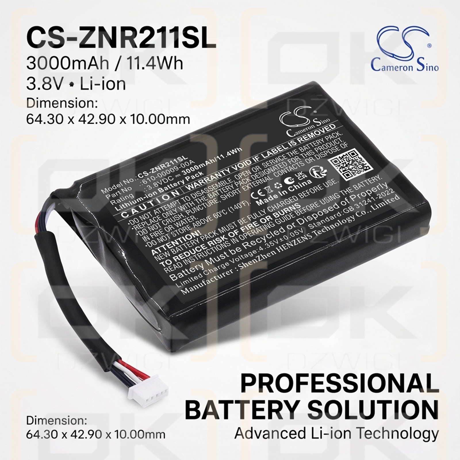 Replacement Battery for Zyxel / 610-00009-00A 3000 mAh Li-ion 3.8 V (Cameron Sino)