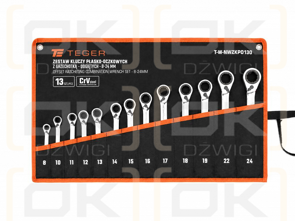 Set of ratcheting open-end wrenches, angled, 8-24 mm, 13 pcs, Teger