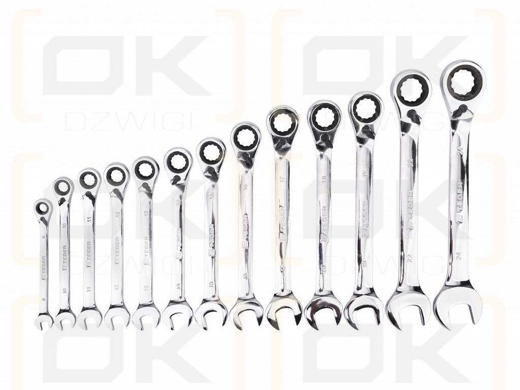 Set of ratcheting open-end wrenches, angled, 8-24 mm, 13 pcs, Teger