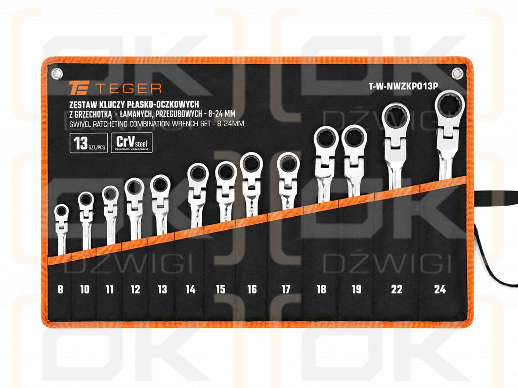 Set of ratcheting, articulated, open-end wrenches, 8-24 mm, 13 pcs, Teger