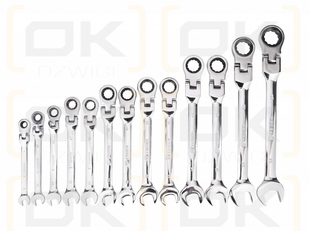 Set of ratcheting, articulated, open-end wrenches, 8-24 mm, 13 pcs, Teger