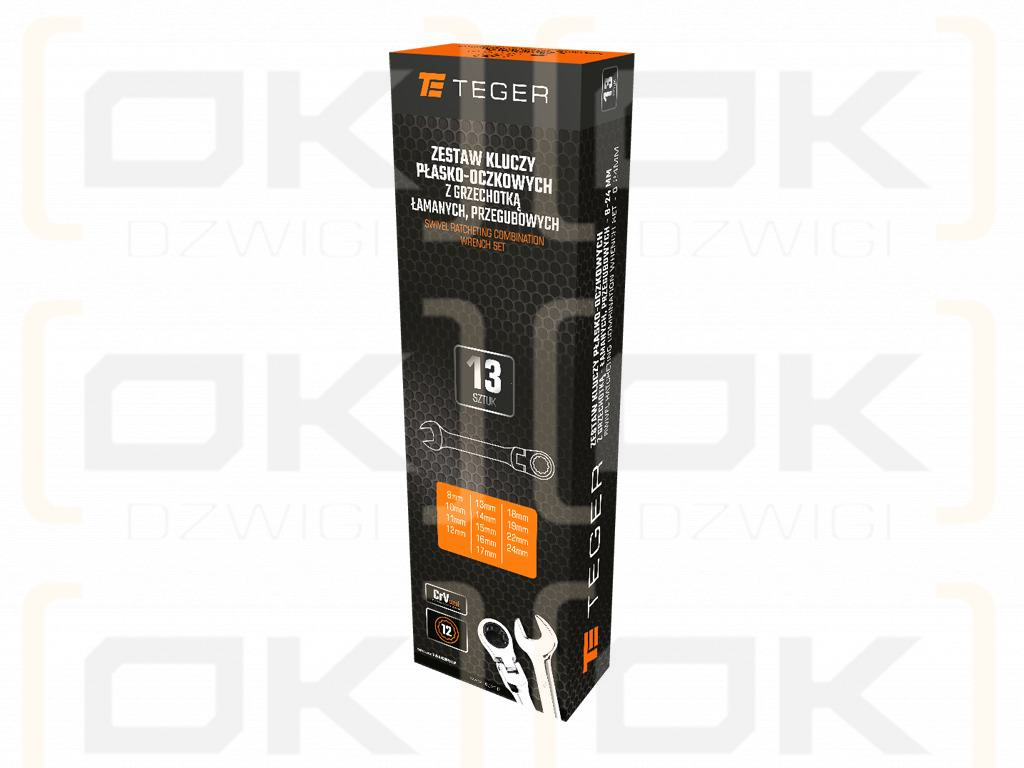 Set of ratcheting, articulated, open-end wrenches, 8-24 mm, 13 pcs, Teger