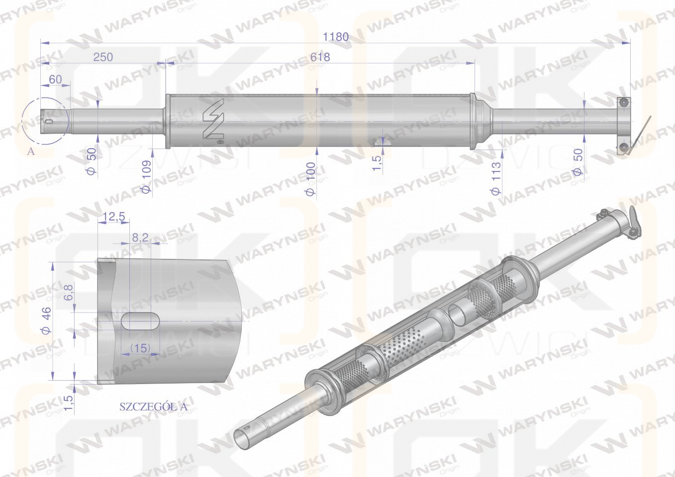 Tłumik okrągły długi 5.5kg 1180mm C-360 (prosty) INOX WARYŃSKI