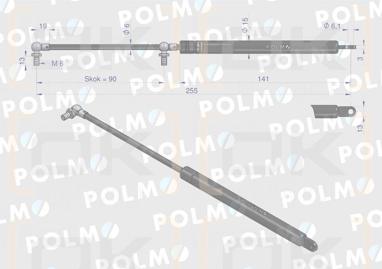 Siłownik szyba tylna, Szyberdach L max. 255mm 4316668P DEUTZ POLMO