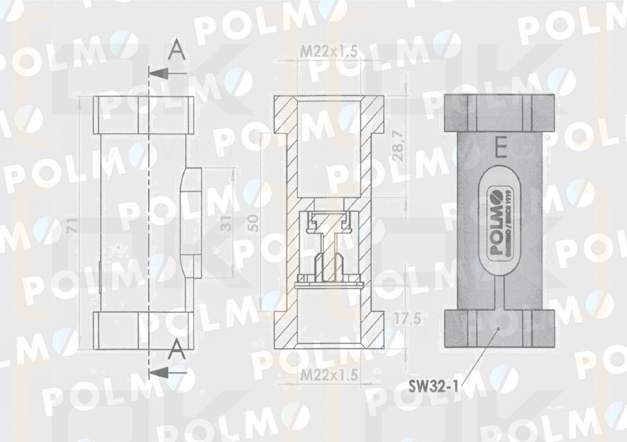 Zawór zwrotny odcinający prosty 22x1.5 gwint wewnętrzny max ciśnienie 22MPa POLMO