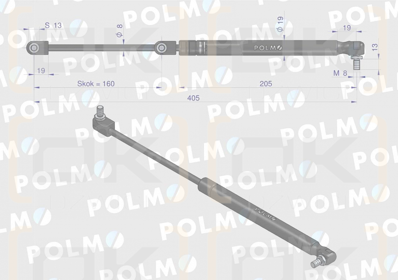 Siłownik szyby tylnej L max. 405mm 44911877P CASE IH NEW HOLLAND POLMO