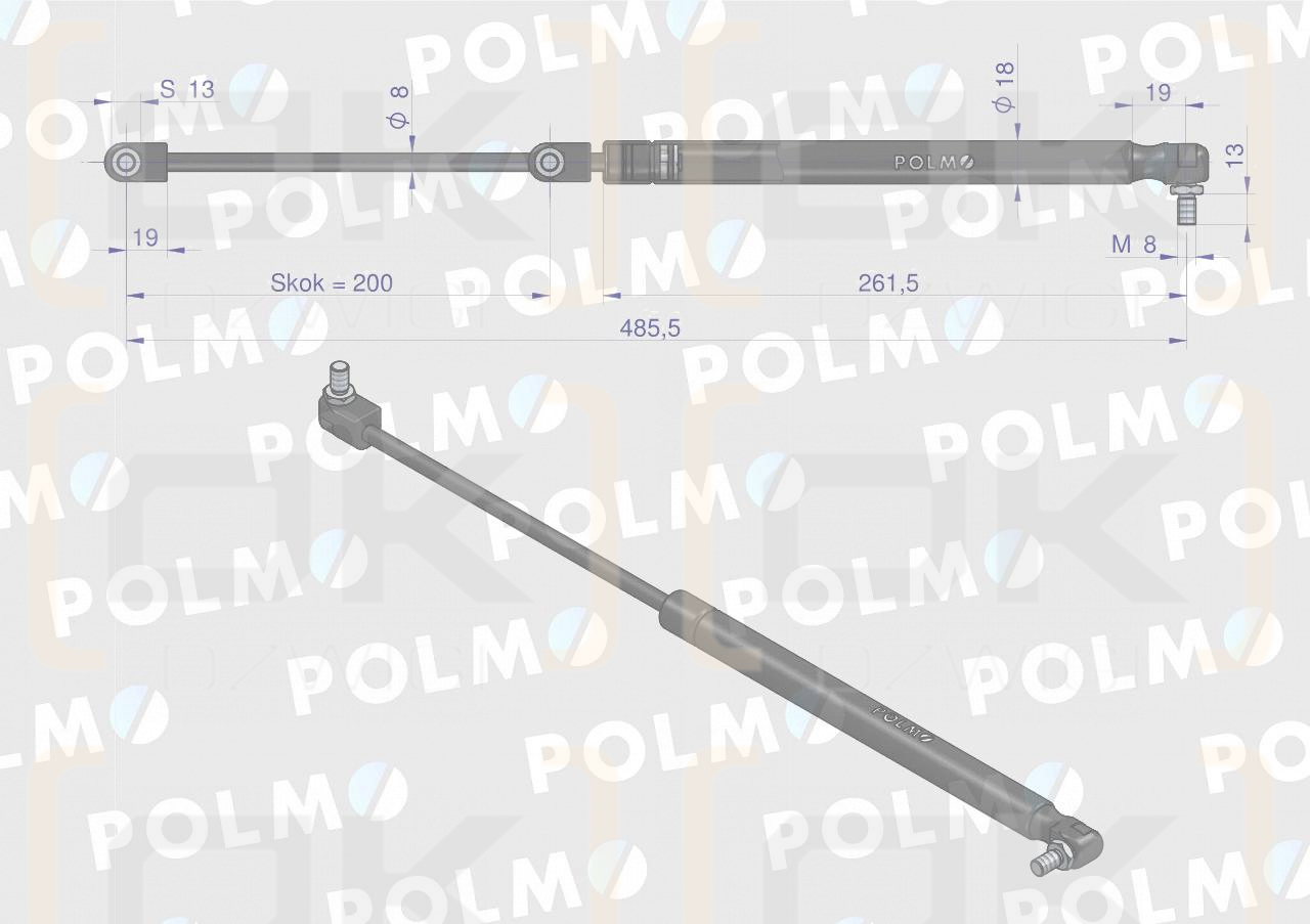 Siłownik szyby tylnej L max. 485,5mm 47108190P NEW HOLLAND STEYR POLMO