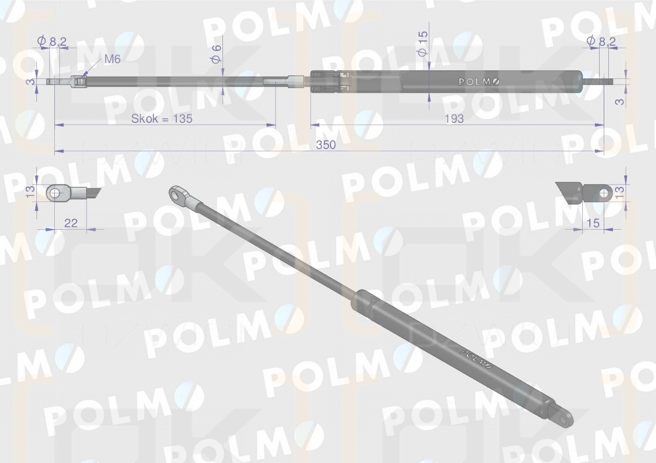 Siłownik szyby tylnej L max. 350mm 65426002 MERLO POLMO