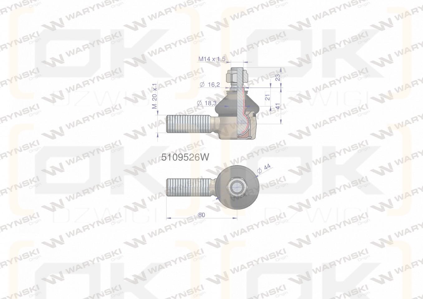 Przegub kierowniczy 80mm- M20x1 5109526 WARYŃSKI
