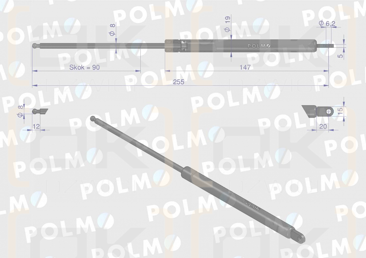 Siłownik szyberdachu L max. 255mm 65417046 FIAT POLMO