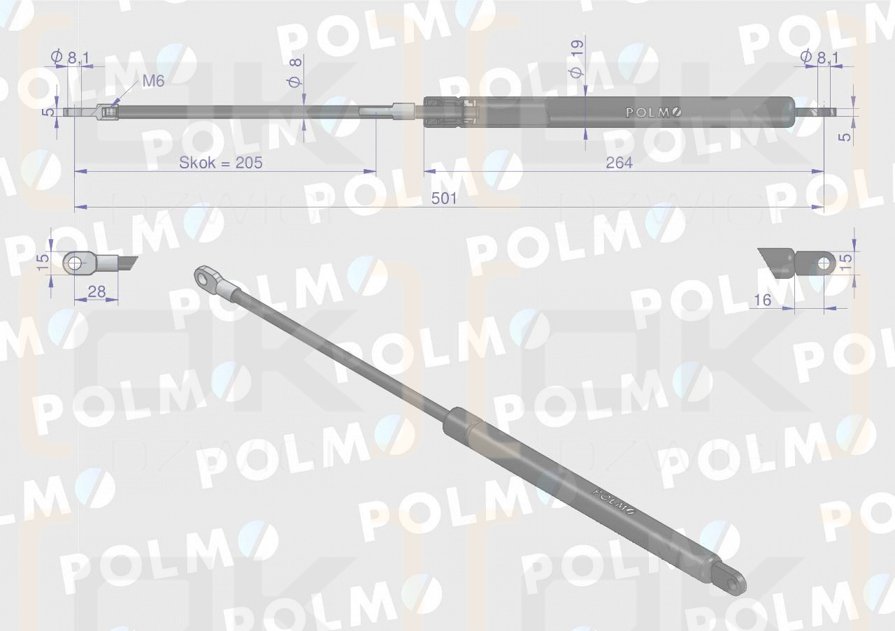 Siłownik szyby tylnej L max. 501mm 65417041 FIAT POLMO