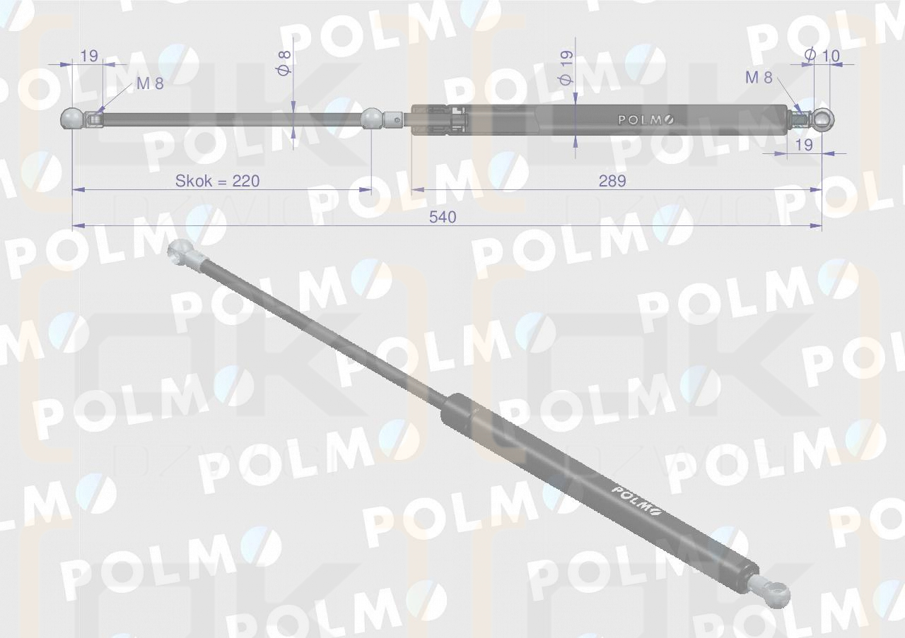 Siłownik drzwi L max. 540mm 65417043 FIAT POLMO
