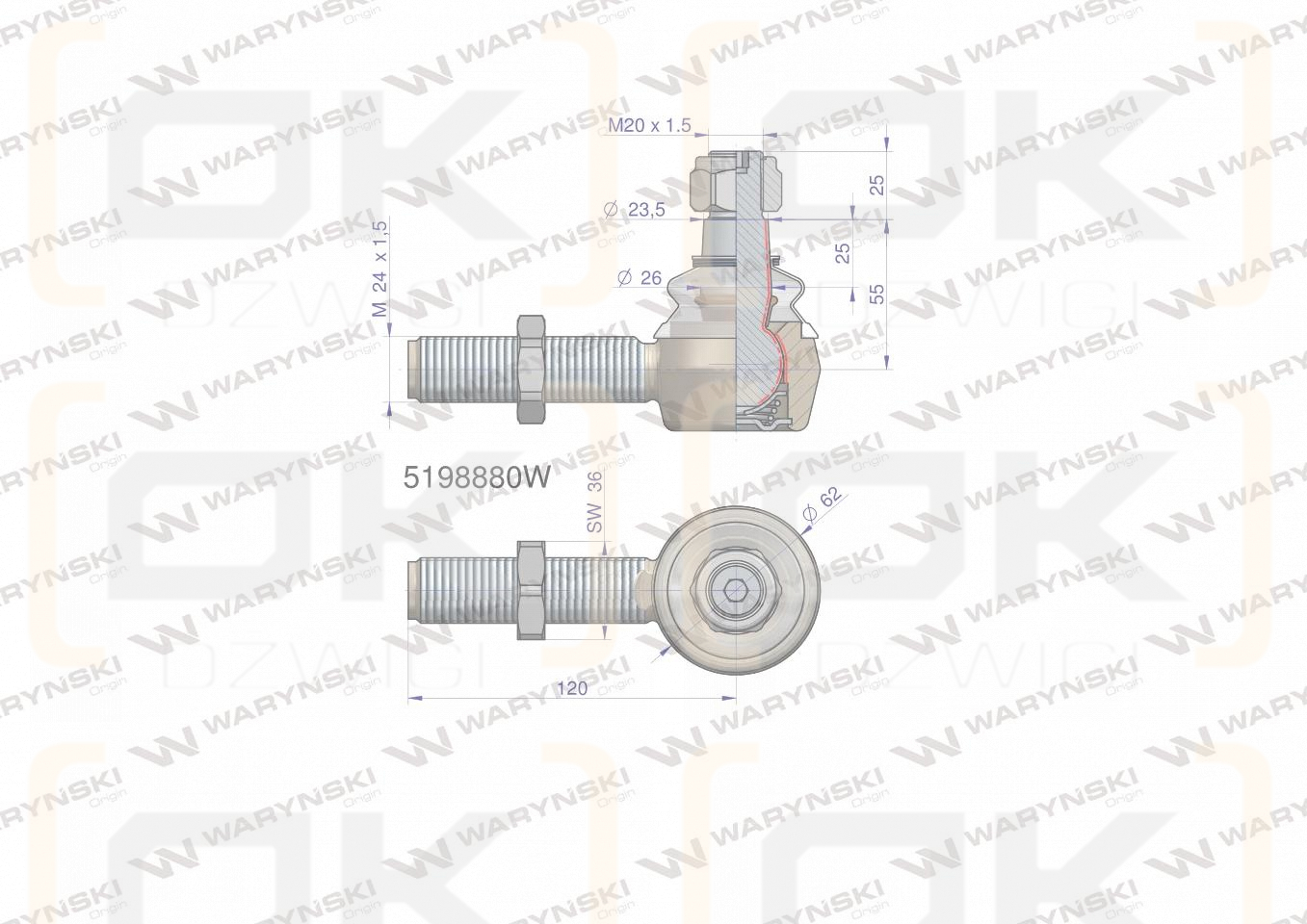 Przegub kierowniczy 120mm- M24x1,5 5198880 WARYŃSKI
