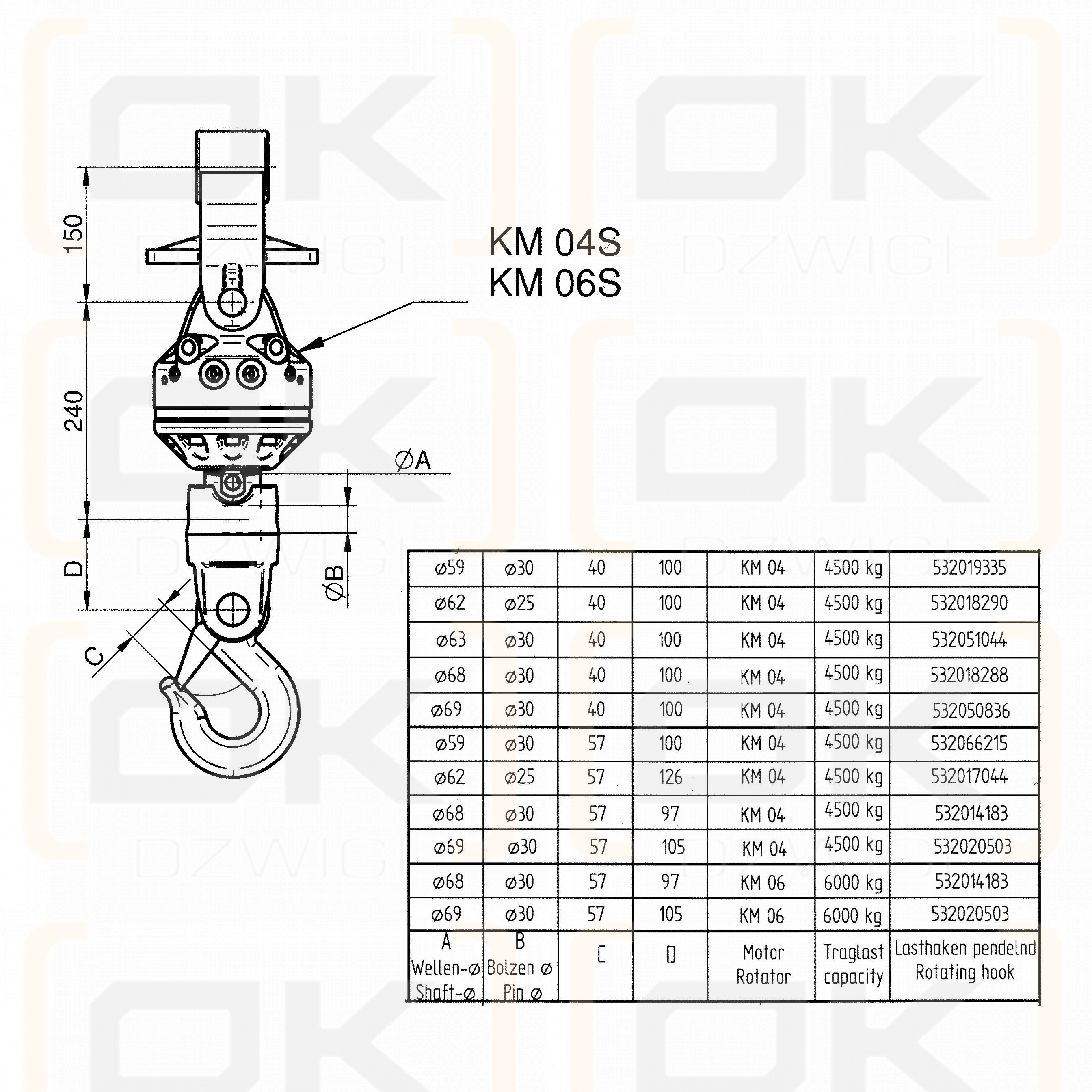 Hak pod rotator Kinshofer KM460 04 for KM 04 S 4500 shaft 68mm/d30 – C57mm