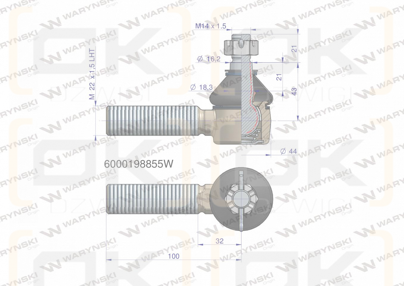 Przegub kierowniczy M22x1.5L 6000198855 WARYŃSKI