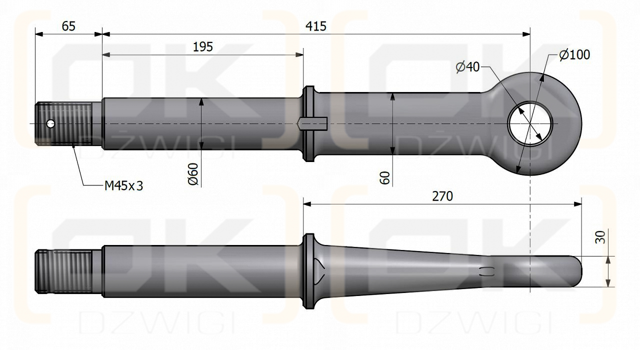 Ucho dyszla D-50 Fi40mm M45x3 Przyczepa