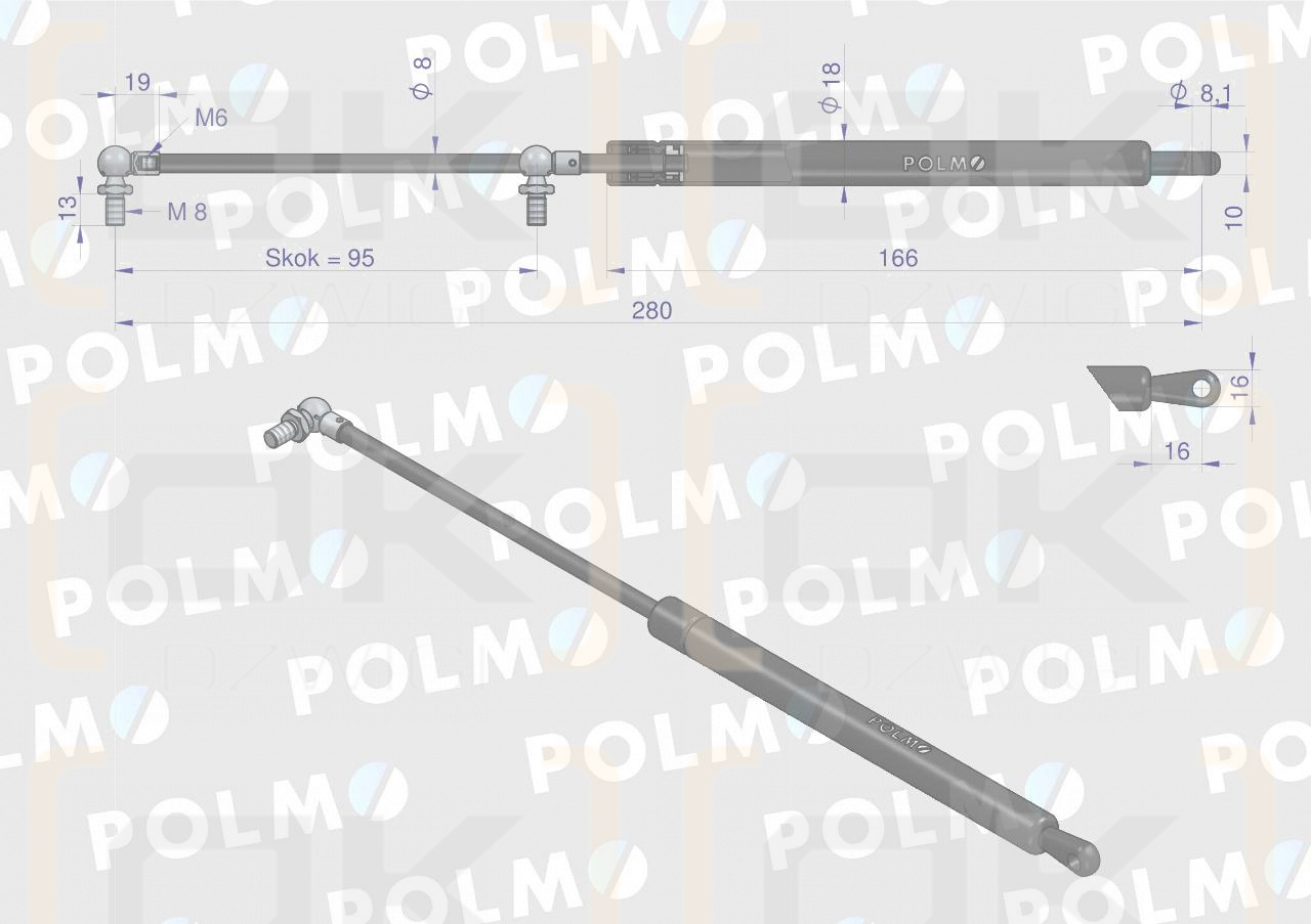 Siłownik szyby przedniej L max. 280mm 62546500P CASE IH FRITZMEIER POLMO