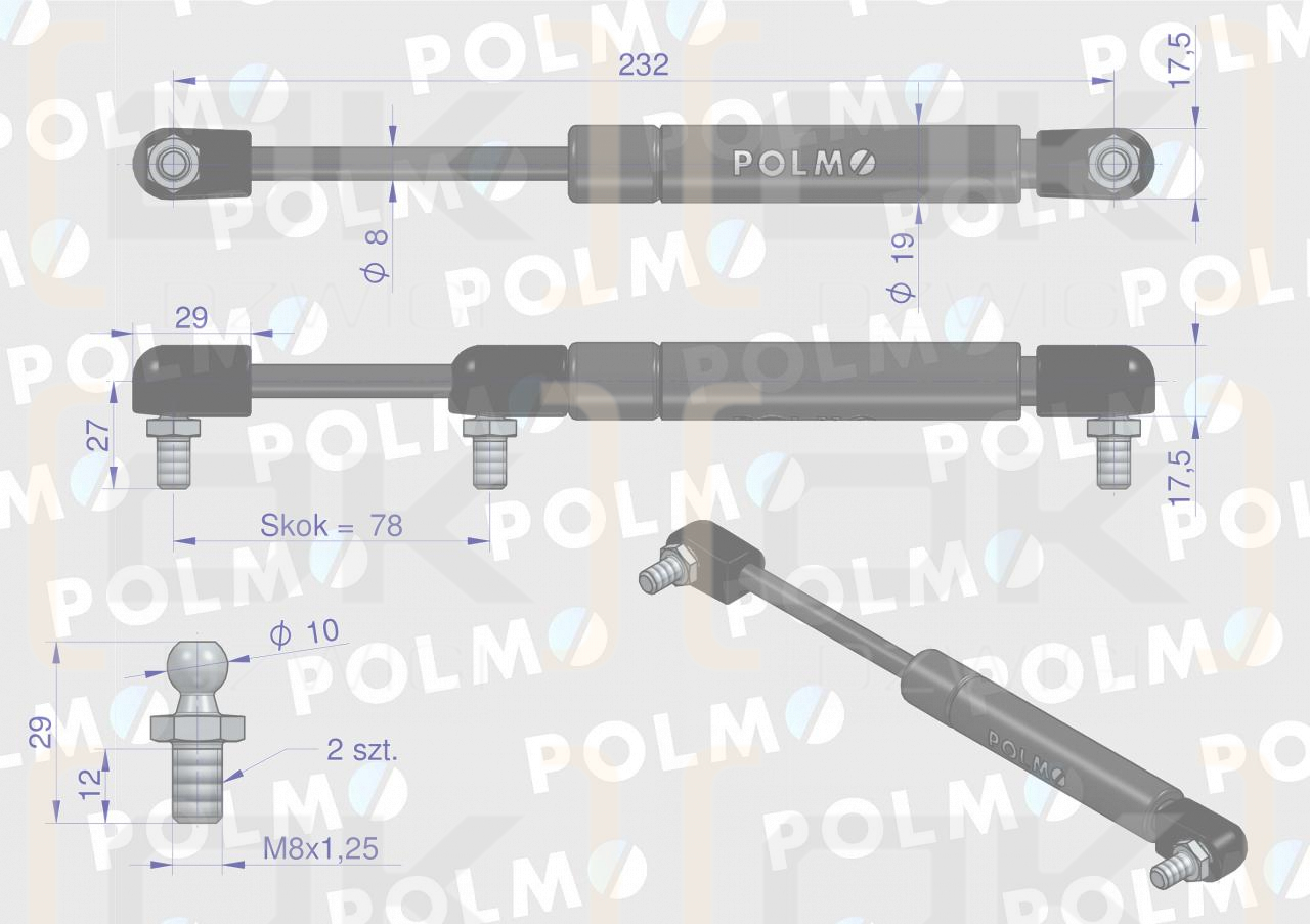 Siłownik dachu 64014593 pasuje do Ursus C-385 i Massey Ferguson  POLMO