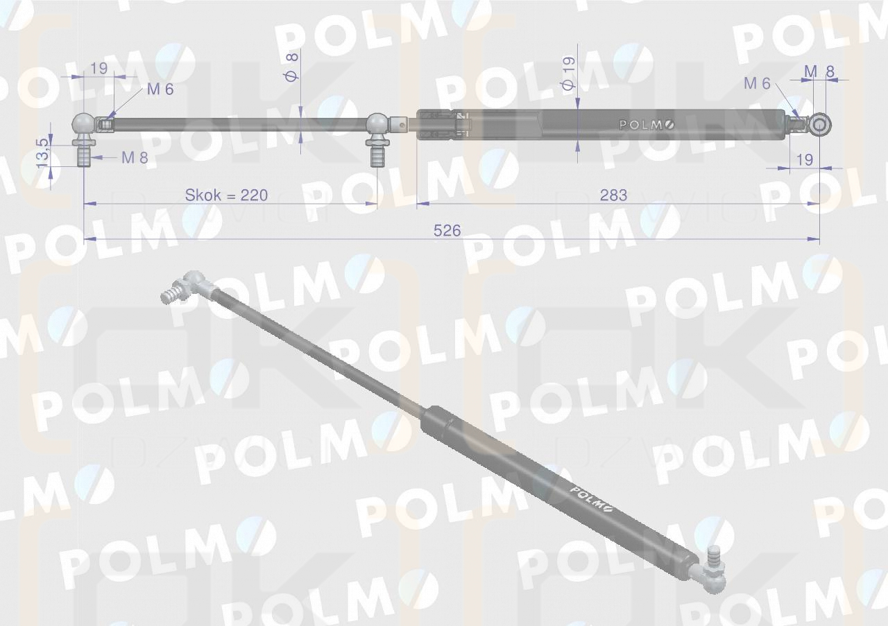 Siłownik szyby tylnej L max. 526mm 65415004 MASSEY FERGUSON POLMO