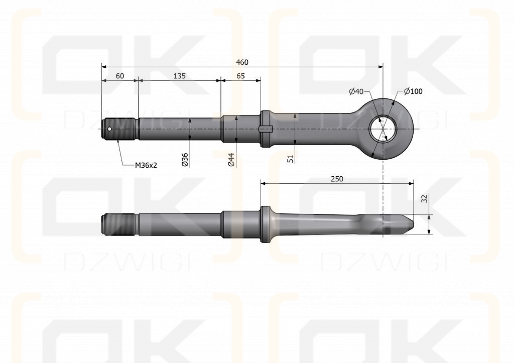 Ucho dyszla D-47 Fi40mm M36x2 Przyczepa