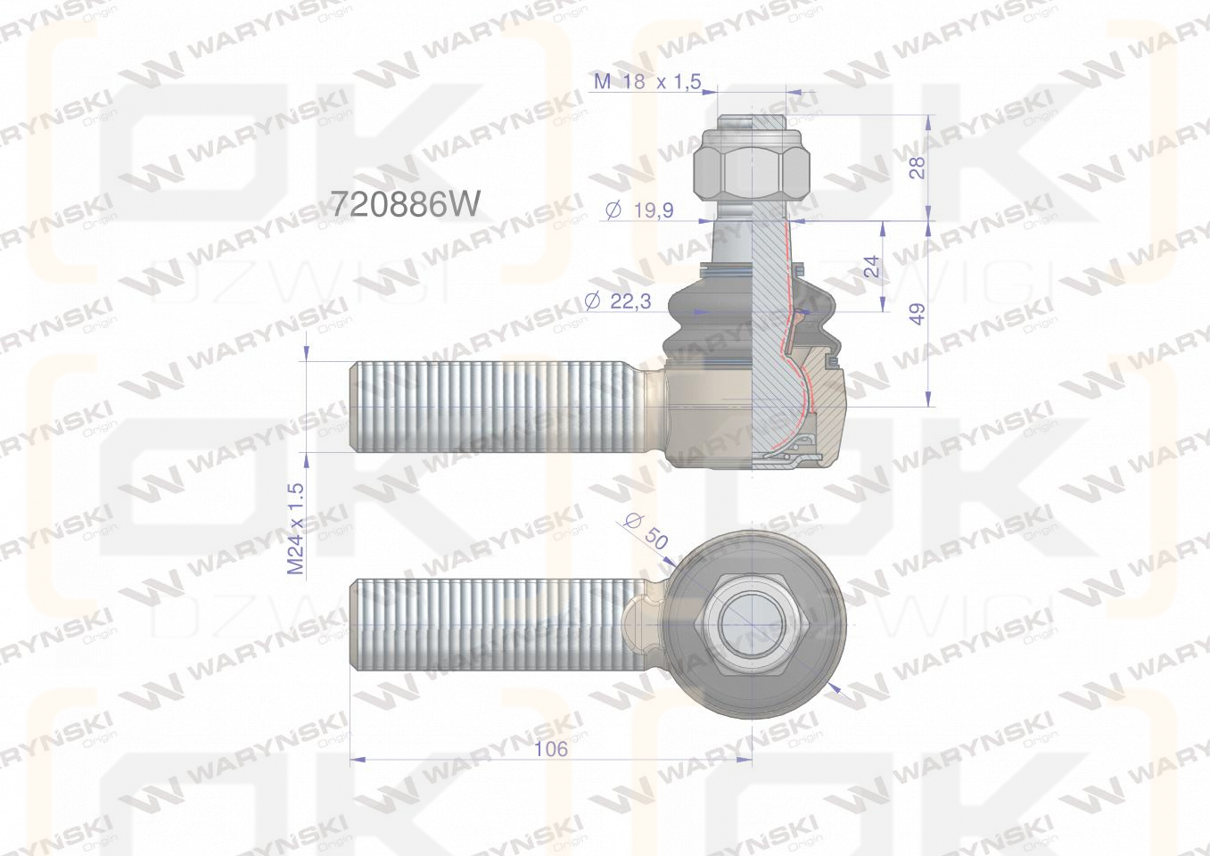 Przegub kierowniczy prawy M24x1.5 3010502 WARYŃSKI