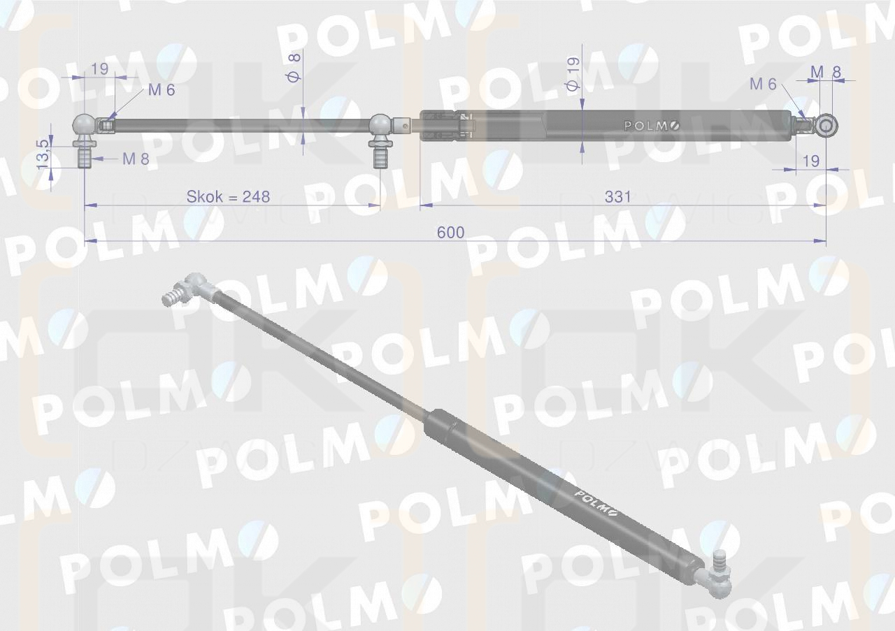 Siłownik szyby tylnej L max. 600mm 65418009 RENAULT POLMO