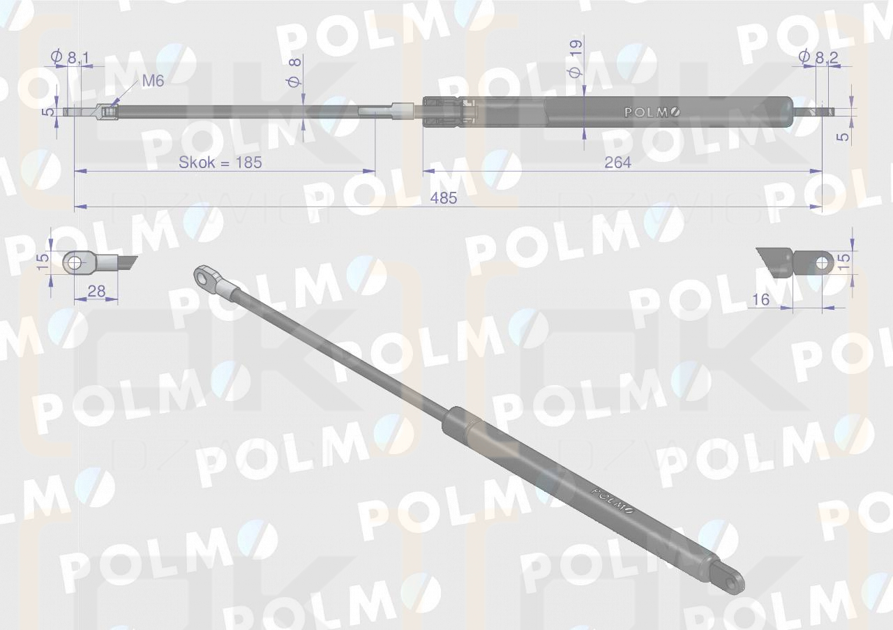 Siłownik drzwi L max. 485mm 65418007 RENAULT POLMO