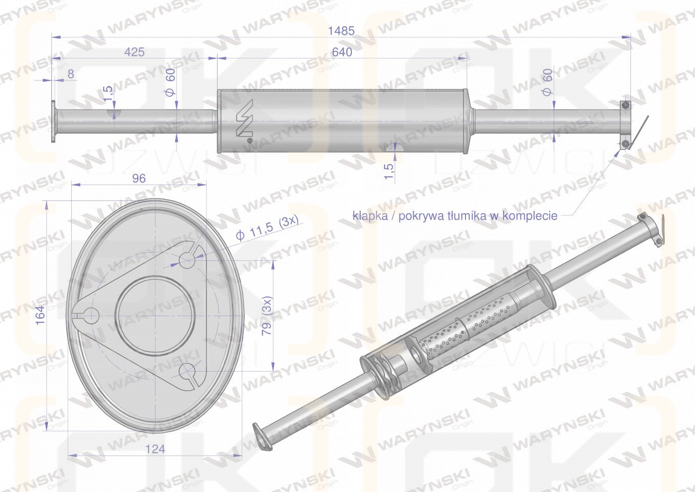 Tłumik prosty długi 1485mm 8kg C-385 ( prosty ) INOX WARYŃSKI