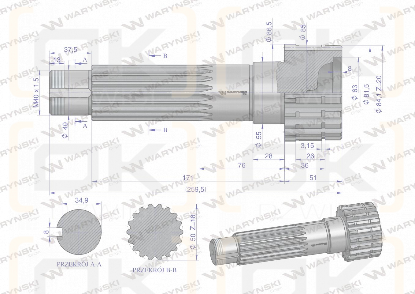 Wał napędzający reduktora 80121187 C-385 WARYŃSKI