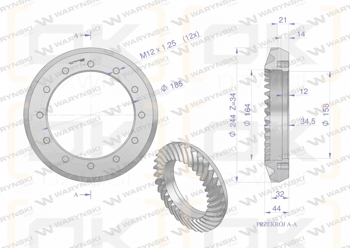 Wałek atakujący z kołem talerzowym C-385 śruby M12 80170989 WARYŃSKI