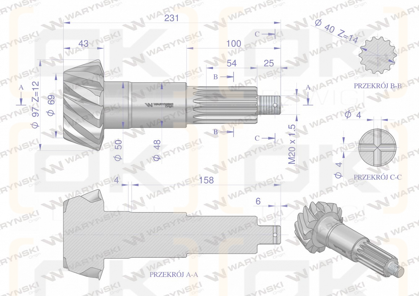 Wałek atakujący z kołem talerzowym C-385 śruby M12 80170989 WARYŃSKI