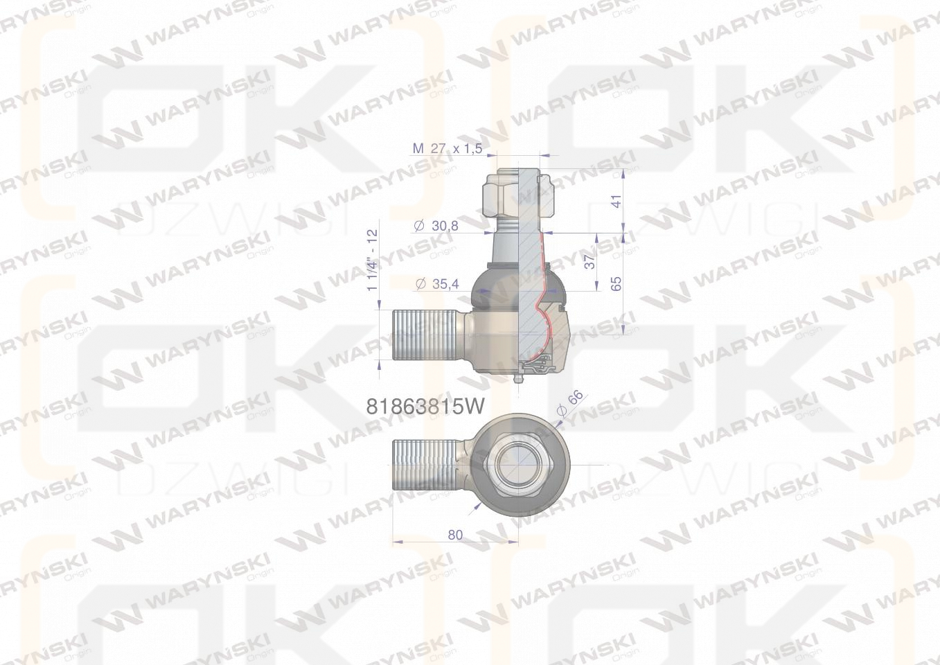 Przegub kierowniczy 80mm- M1 1/4-12 81863815 WARYŃSKI