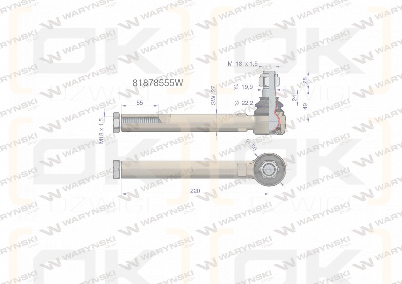 Przegub kierowniczy 220mm- M18x1,5 81878555 WARYŃSKI