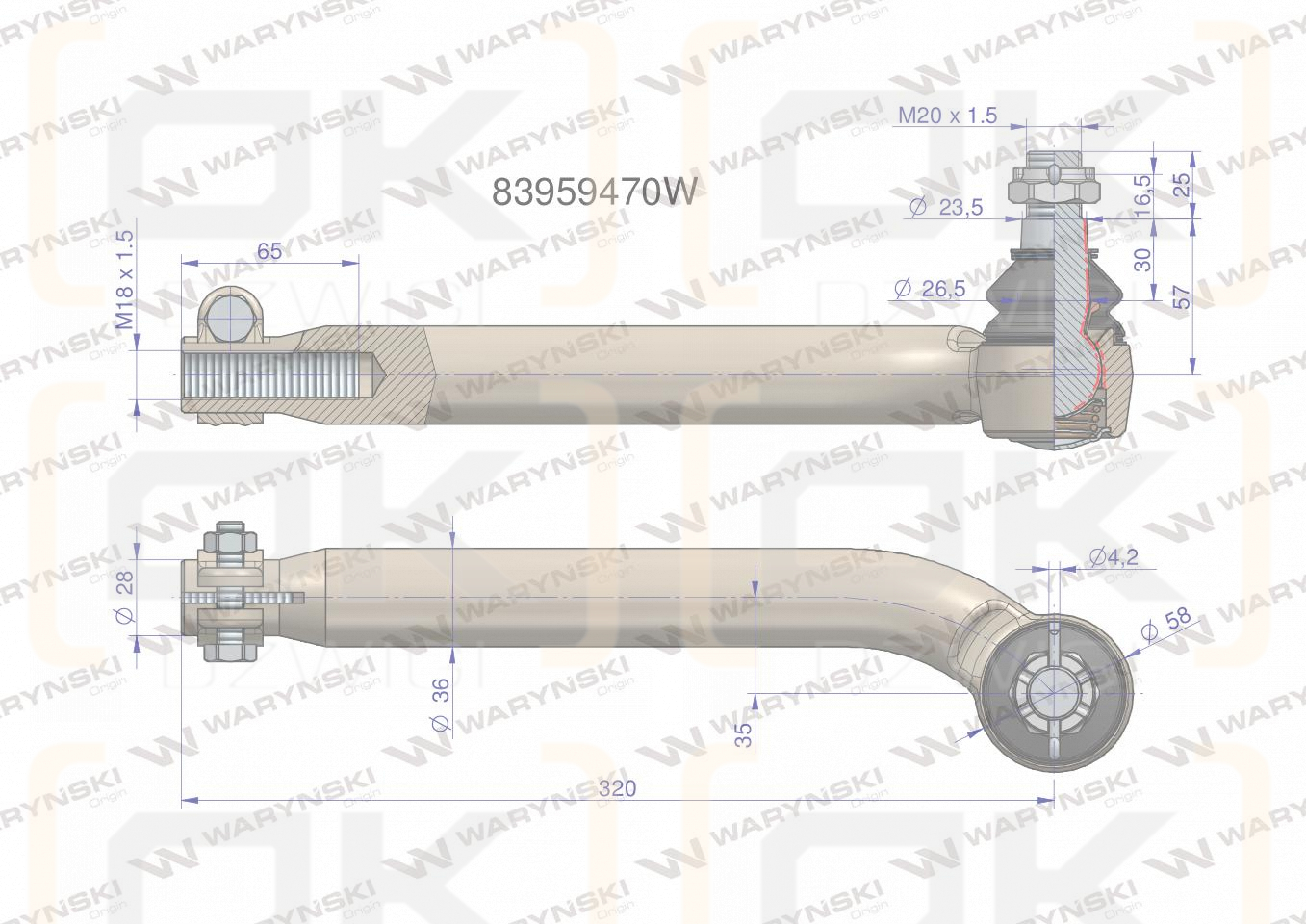 Przegub kierowniczy M18x1.5L 83959470 WARYŃSKI