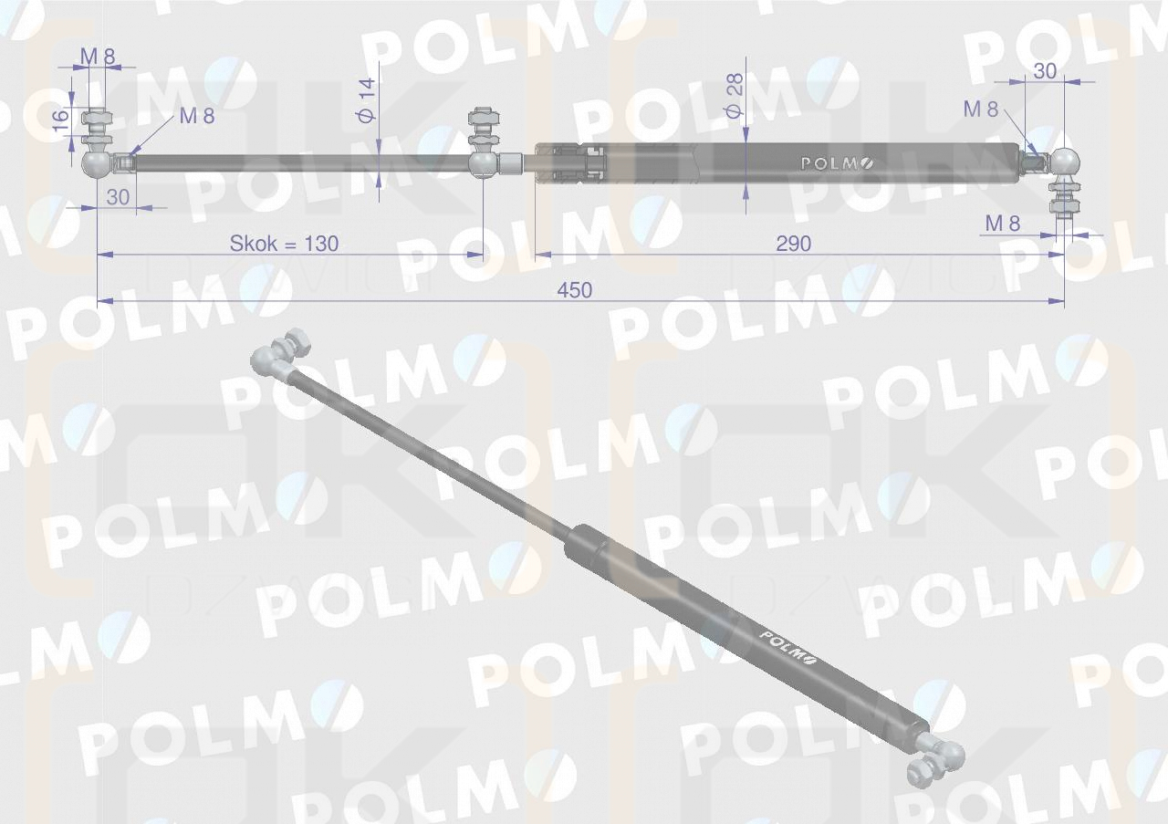 Siłownik maski silnika L max. 450mm 87480238P CASE IH NEW HOLLAND POLMO